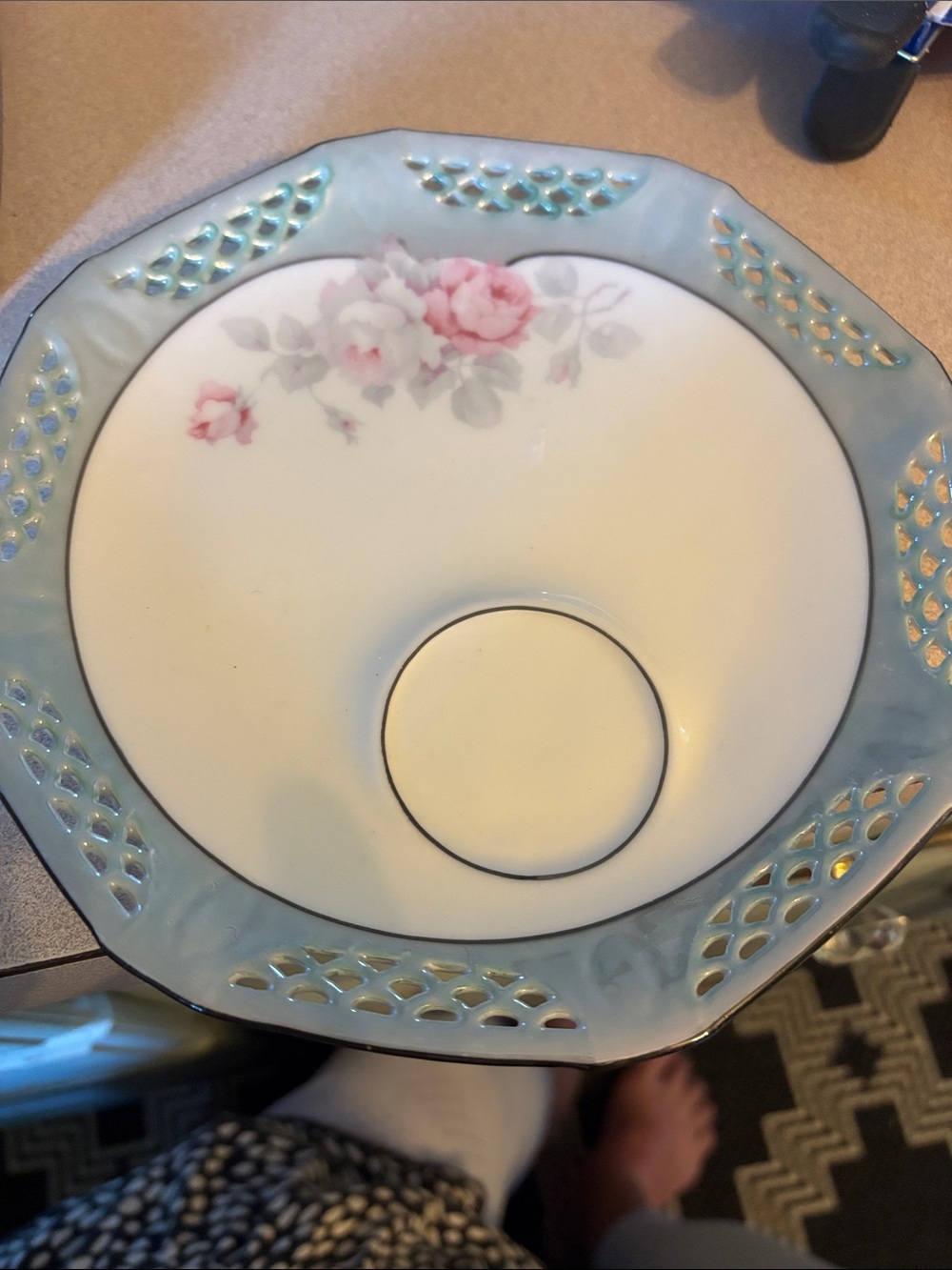 Source Unknown Pale Blue Rim Porcelain Plate with Pink Rose Motif